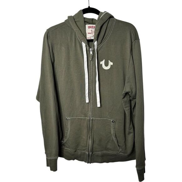 Vintage True Religion Olive Green Logo Hoodie Men's Size XL Y2K Full Zip - Picture 1 of 14